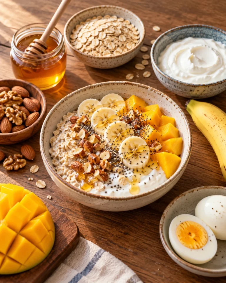 مجموعه خوراکی‌های متنوع شامل جو دوسر، ماست، میوه، مغزها و تخم‌مرغ