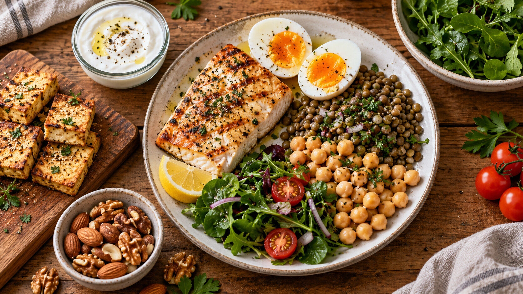 منابع متنوع غذایی پروتئین؛ ماهی، تخم‌مرغ، حبوبات، توفو و ماست
