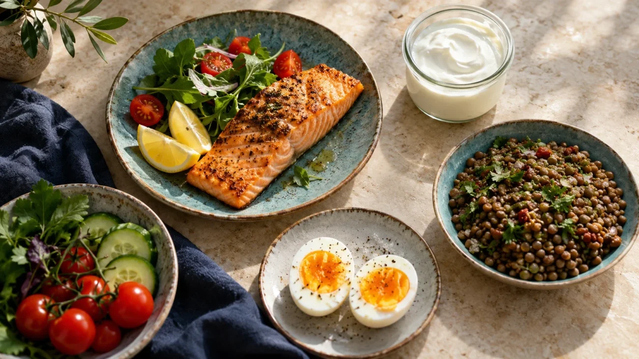 ماهی، تخم‌مرغ، ماست و عدس در کنار سبزیجات به‌عنوان منابع غذایی پروتئین