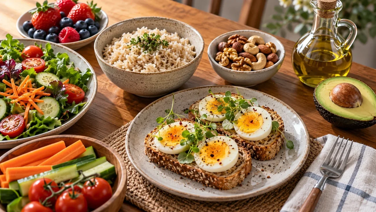 چیدمان متنوع برنج، نان و تخم‌مرغ، مغزها، میوه و سبزی