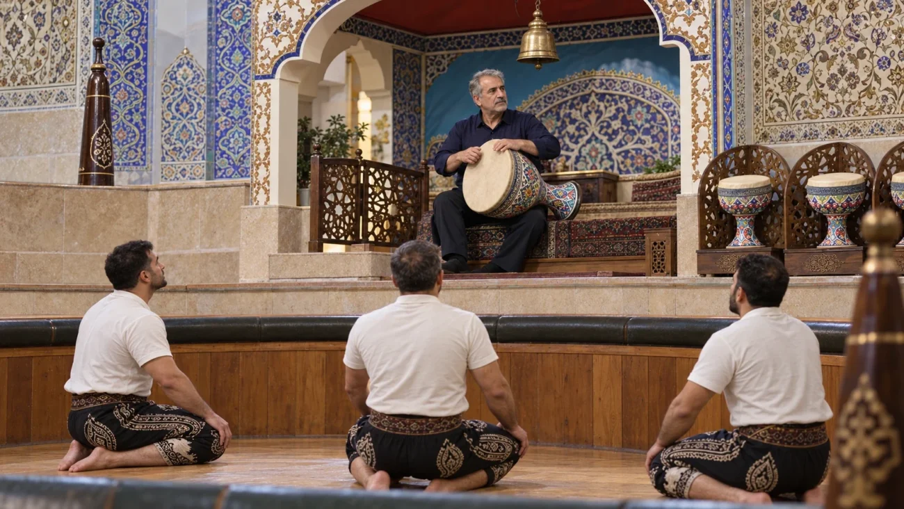 مرشد با ضرب در سردم و ورزشکاران بزرگسال در گود