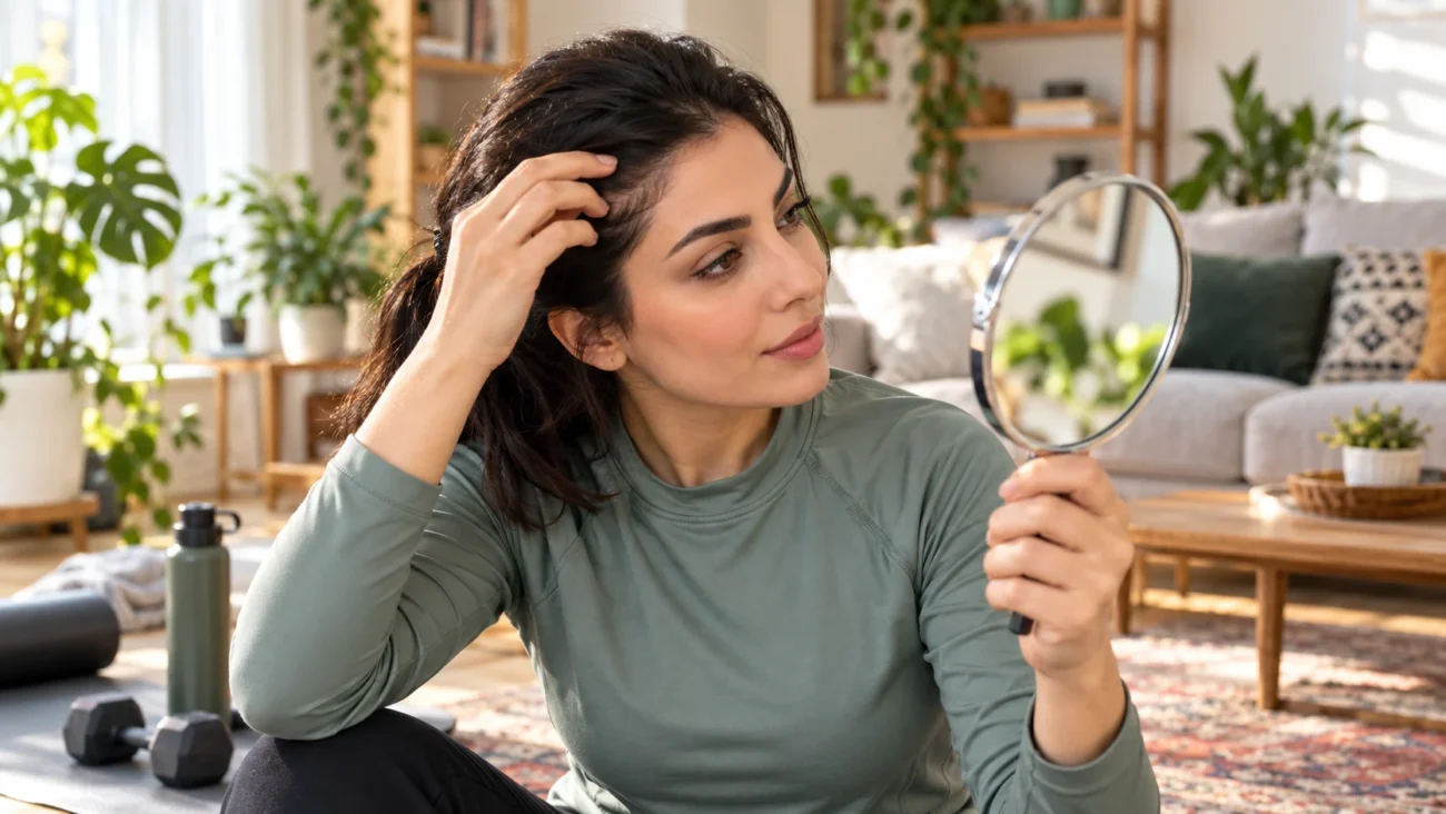 زن ورزشکار در حال توجه به وضعیت موی خود در آینه
