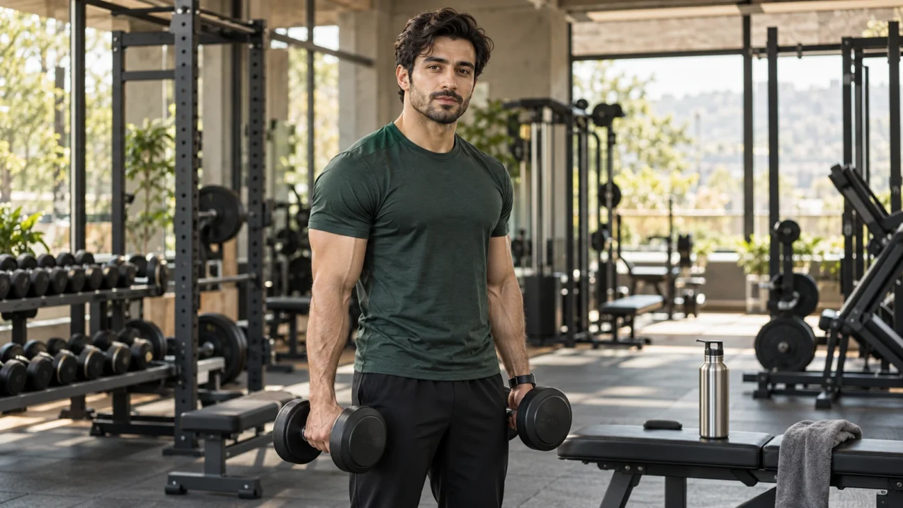 ورزشکار آماده تمرین با دمبل در باشگاه