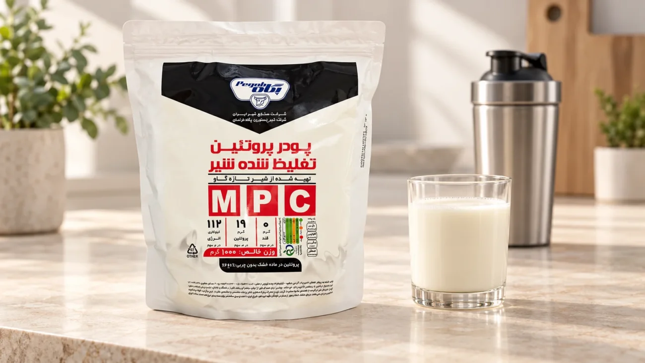 بسته پروتئین شیر MPC پگاه در کنار نوشیدنی آماده