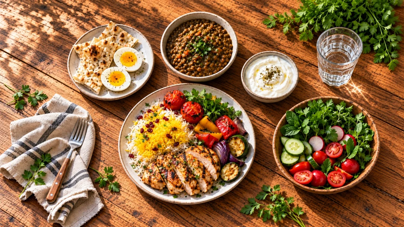 نمونه وعده‌های غذایی روز شامل تخم‌مرغ، مرغ، حبوبات و ماست