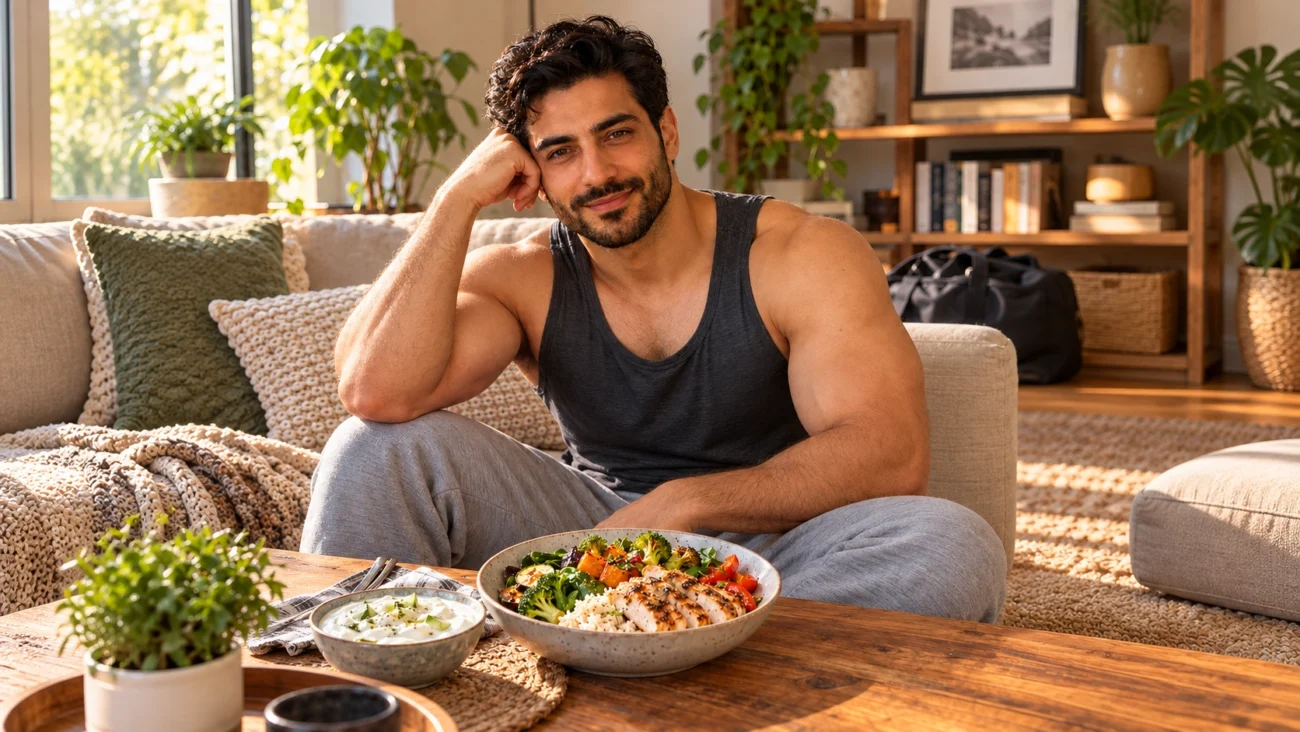 ورزشکار بزرگسال در حال استراحت در خانه کنار یک وعده غذایی