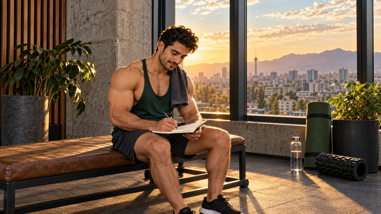 مرد ورزشکار بزرگسال با رکابی سبز و حوله روی شانه، پس از تمرین روی نیمکت نشسته و در دفتر خود می‌نویسد؛ آب و وسایل ریکاوری کنار او هستند.